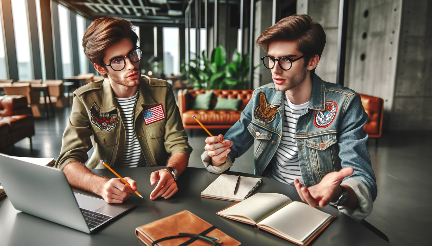 DALL·E 2024-03-24 13.33.44 - Create an image of two professionals in a modern office setting. One person, wearing a casual jacket with patches and glasses, is gesturing as if expl
