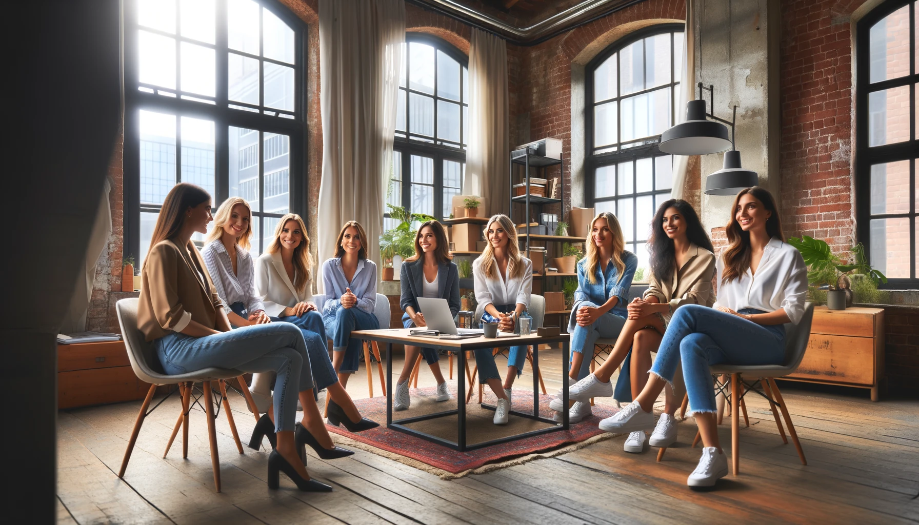 DALL·E 2024-03-24 14.24.15 - Create an image of a diverse group of women in a casual meeting in a modern office space. The setting has exposed brick walls and large windows with s
