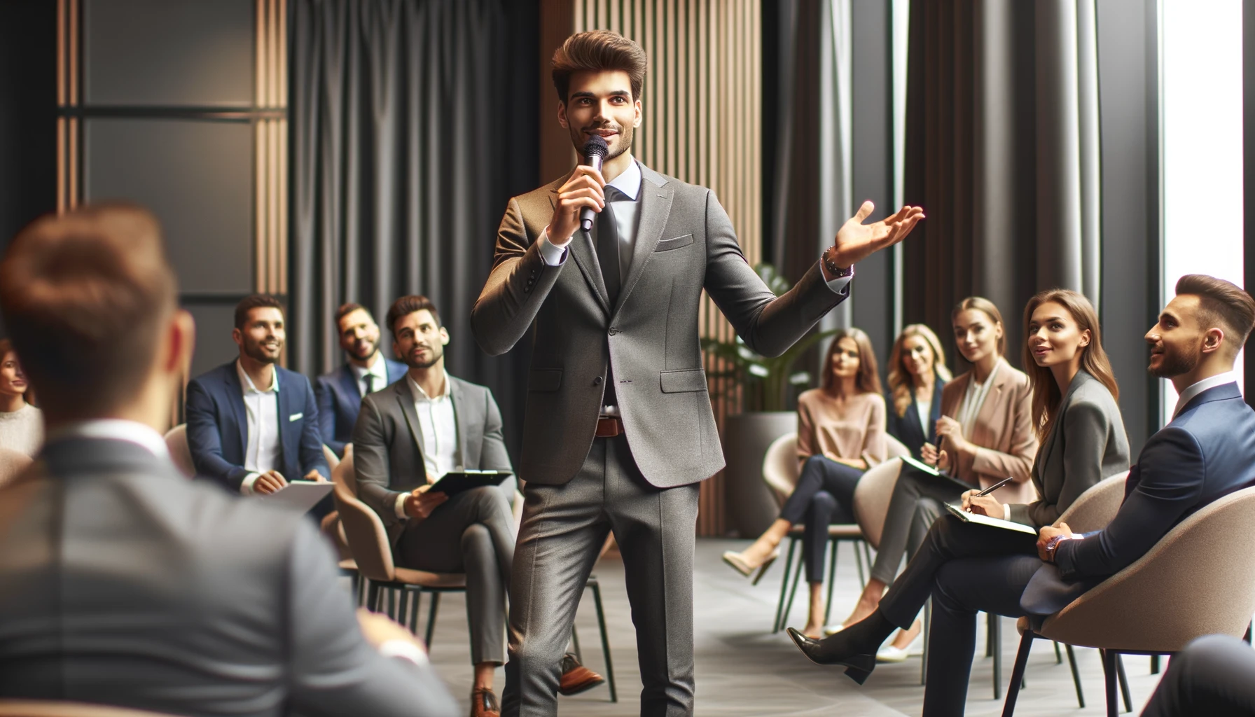 DALL·E 2024-03-24 14.24.21 - Create an image of a professional speaker addressing an audience in a modern conference room. The speaker is a man confidently holding a microphone, m