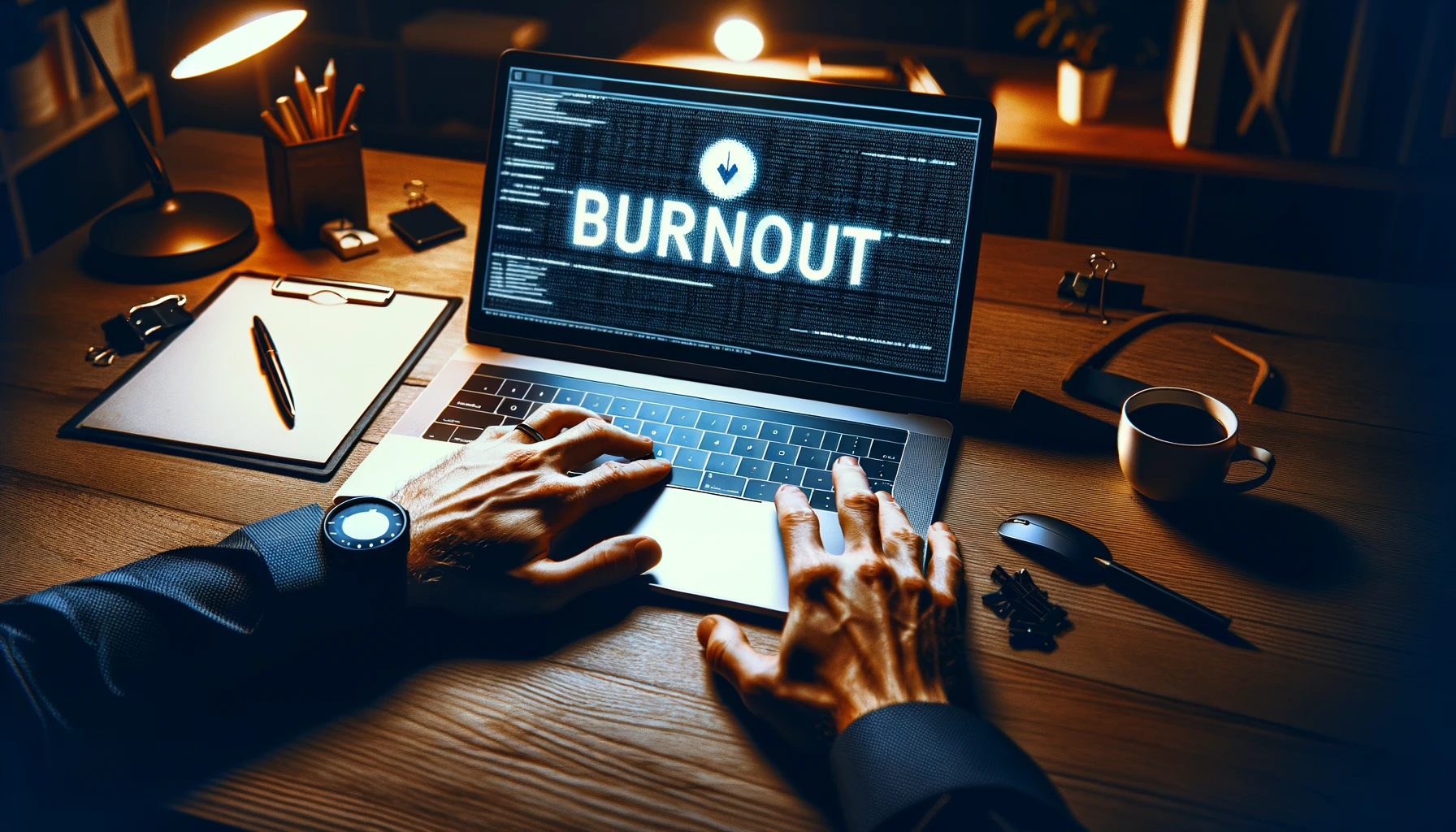 DALL·E 2024-03-24 14.54.48 - Create an image of a person sitting in front of a laptop computer which has the word 'BURNOUT' on the screen. The scene is set in a modern home office