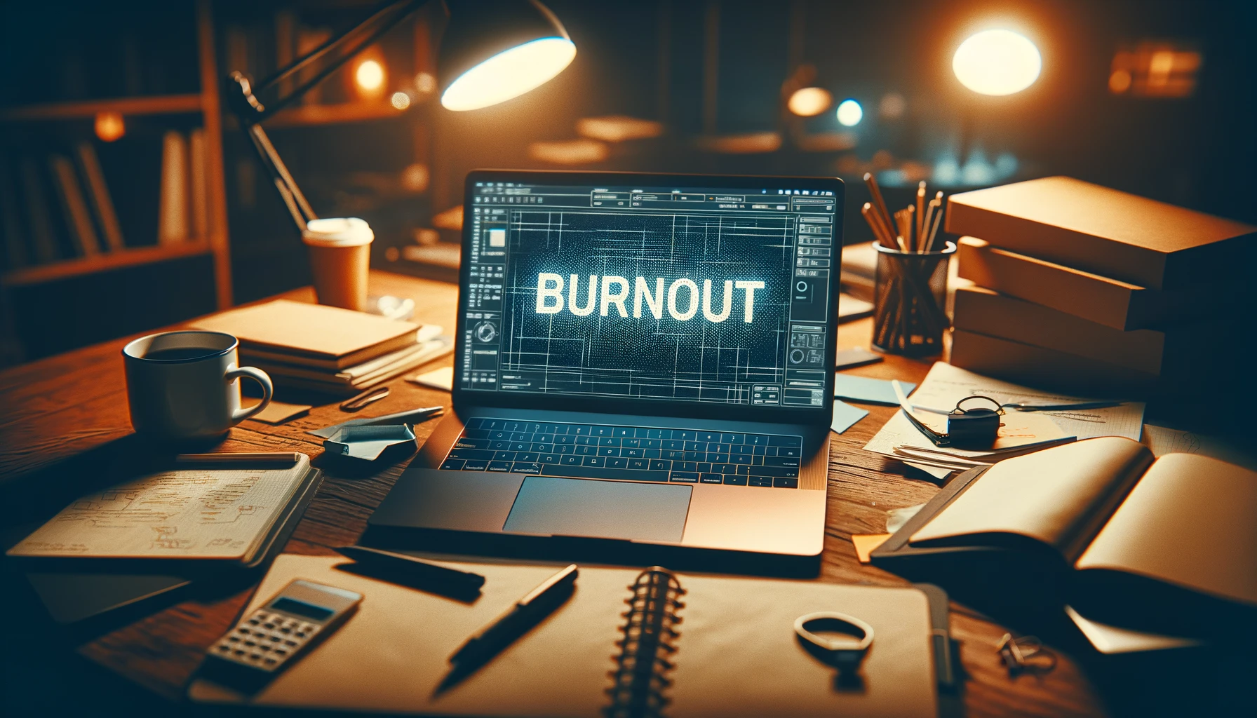 DALL·E 2024-03-24 14.58.27 - Generate an image of a workspace with a laptop screen prominently displaying the word 'BURNOUT'. The environment suggests a person who has been workin